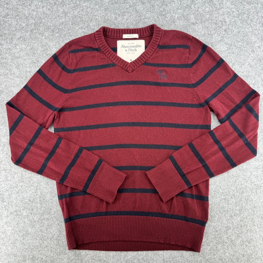 Y2K Abercrombie & Fitch Sweater Mens M Muscle V-Neck Burgundy Striped EUC